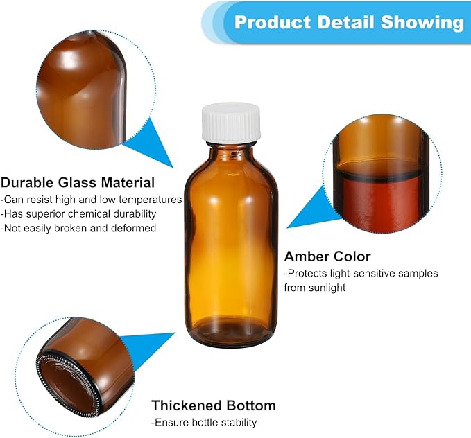 PATIKIL 2oz(60ml) Glass Sample Bottles, 24Pcs Round Bottle Dispensing Bottles with White Poly Cone Cap for Reagent Liquids, Essential Oils, Perfume, Amber