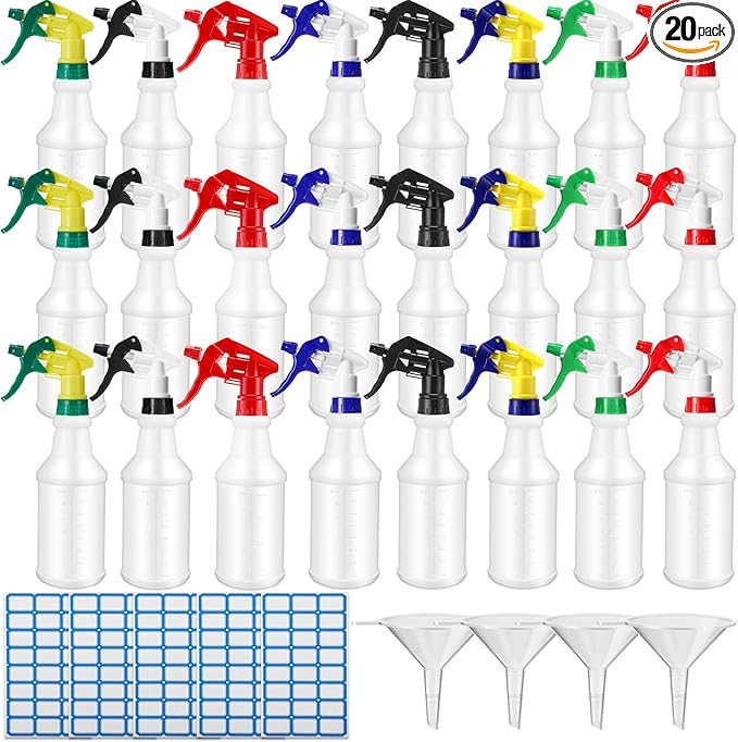 Eccliy 20 Pack 16oz Empty Spray Bottles, Leakproof Cleaning Bottles with Measurement and Adjustable Nozzle for Housekeeping, Commercial Use(Cylinder,8 Colors Spray Head)