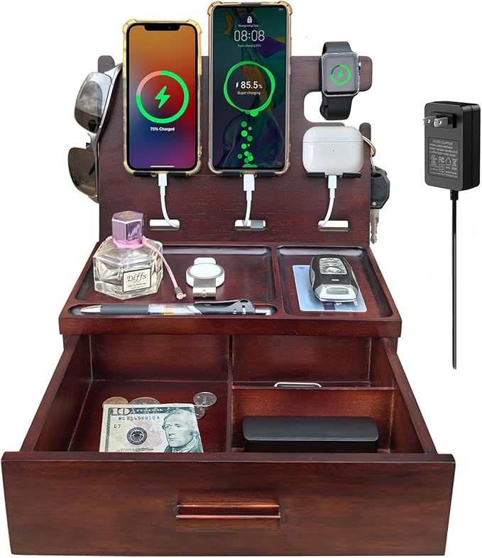 Wood Phone Docking Station with Drawer 4 USB Nightstand Organizer Charging Station with QC 3.0 & PD USB C Fast Charger for iPhone Android Mens Jewelry Box Anniversary Birthday Gifts for Men