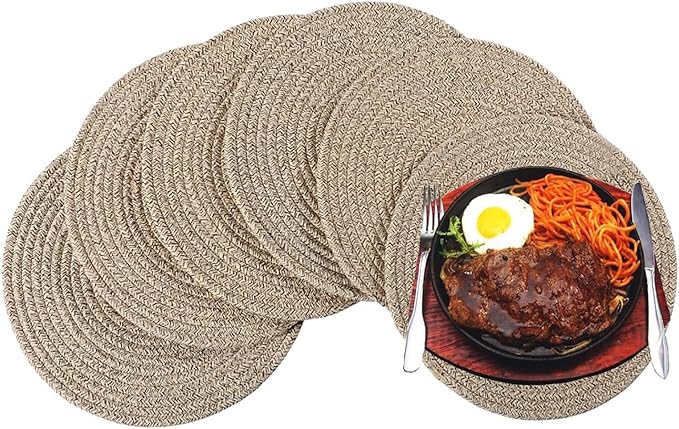 6 Pack Round Woven Placemats,13.8 inch Plate Chargers Mixed Brown Thick Place Mats Cotton Rope Braided Tablemats Rattan Mats for Christmas Table Decoration