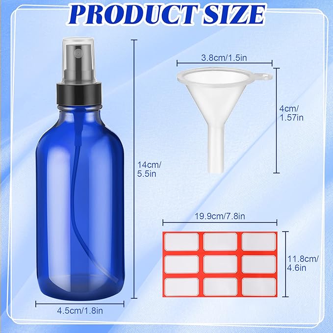Fumete 36 Pcs Glass Spray Bottles 4oz Fine Mist Glass Spray Bottle Refillable Liquid Containers with 6 Labels 6 Funnel for Hair Travel Plants Cleaning Solutions Skin Care(Blue,Simple)