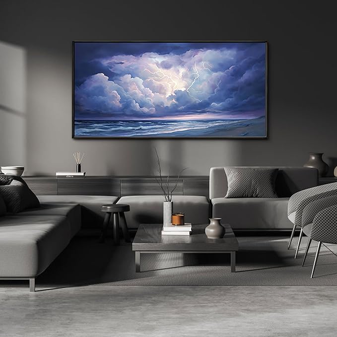 yiijeah Living Room Wall Decor - Modern Wall Art for Bedroom Office Decor Large Abstract Thundercloud Beaches Coast Painting Framed Canvas Prints Ready to Hang Wall Pictures Home Decor