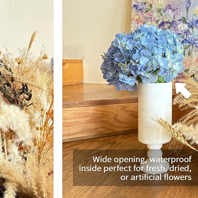 White Vase 100% Marble for Home Centerpiece for Dining Table, 10 inch Flower Vase or Desk Décor for Bouquet and Pampas Grass, French Boho Style