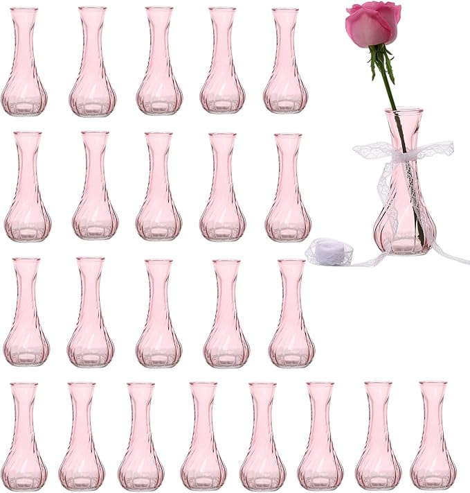 Set of 24 Glass Vase, Pink Bud Vases in Bulk with Lace for Floral Arrangements, Events, Home Decor Weddings, Table Centerpiece