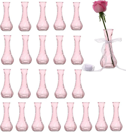 Set of 24 Glass Vase, Pink Bud Vases in Bulk with Lace for Floral Arrangements, Events, Home Decor Weddings, Table Centerpiece