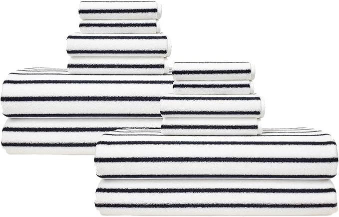 Italic Ultraplush 12-Piece Family Towel Set – Luxury Bath Towels, Hand Towels & Washcloths – Plush, Quick Dry, 800GSM 100% Australian Cotton for Bathroom & Spa - White & Blue (Striped)