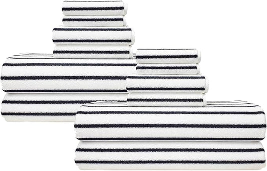 Italic Ultraplush 12-Piece Family Towel Set – Luxury Bath Towels, Hand Towels & Washcloths – Plush, Quick Dry, 800GSM 100% Australian Cotton for Bathroom & Spa - White & Blue (Striped)