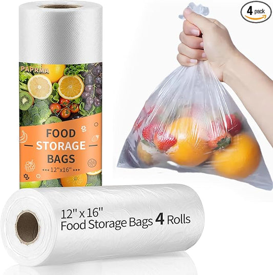12” x 16” Food Storage Bags Plastic Produce Bags, Disposable Clear Bags 4 Rolls, 350pcs on a Roll