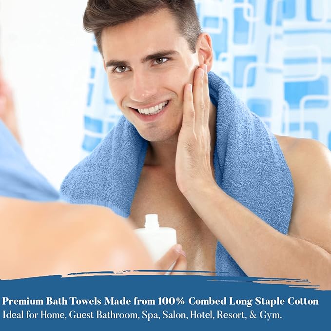 DAN RIVER Bath Towels Set of 4, 27 x 54 Inches, 100% Cotton, Larger & Lighter Weight, Quicker to Dry, Super Soft and Absorbent, Ideal Cotton Towels for Bathroom for Daily Use, Medium Blue