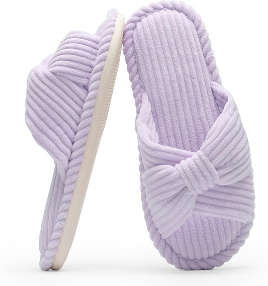 Chantomoo Slippers for Women Memory Foam House Womens Slipper Slides Home Bedroom Bathroom Spa Open Toe Corduroy Bow Slippers Cozy Comfortable