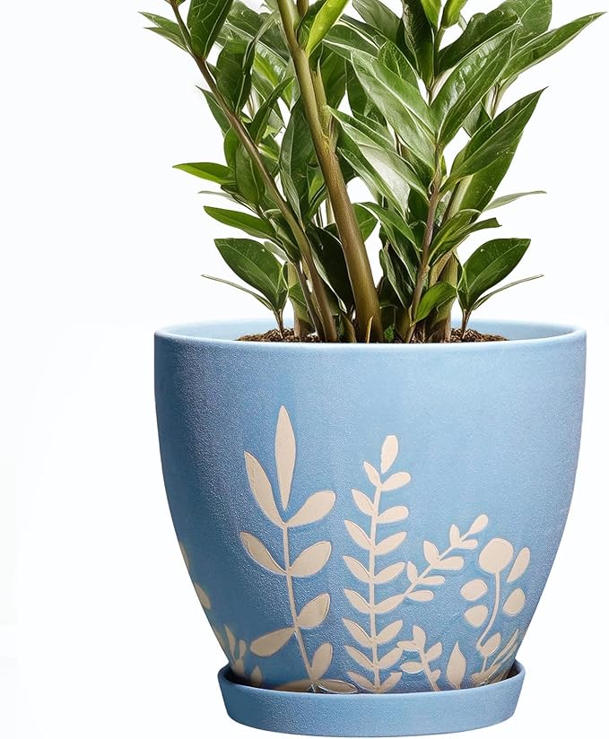 8 Inch Ceramic Plant Pot with Drainage and Saucer - Round Flower Pot for Indoor Outdoor Plants, Round Planter, Desk Office Room Home Decor, Gifts for Plant Lovers, Blue