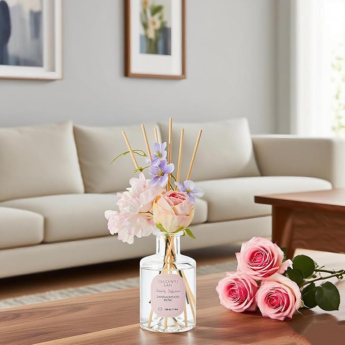 Chloefu Lan Premium Reéd Diffuser Set with Pink & Purple Flowers Reéd Diffuser Sticks Sandalwood Rose | 6.7oz Scent Fragrance Oil Diffuser for Bedroom Bathroom Home Shelf Décor