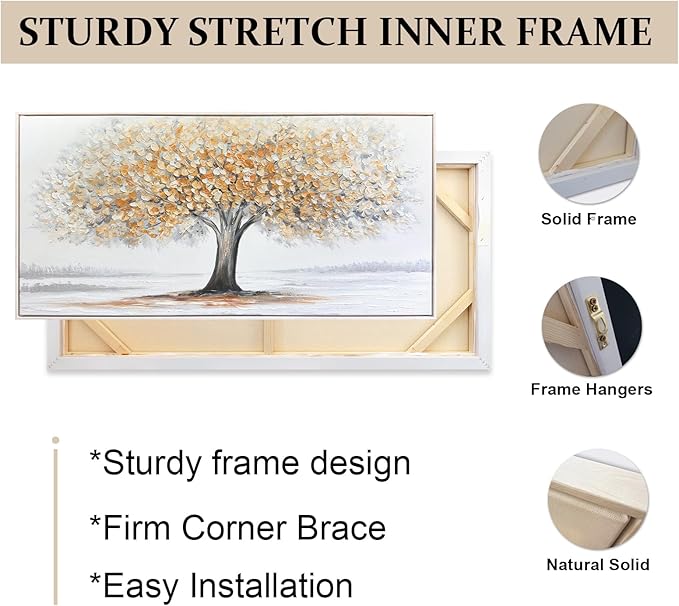 White Tree of Life Canvas Wall Art, Modern Abstract Textured Painting, Large Framed Panoramic Landscape Artwork for Living Room, Bedroom, Office, Home Decor 60"x30"