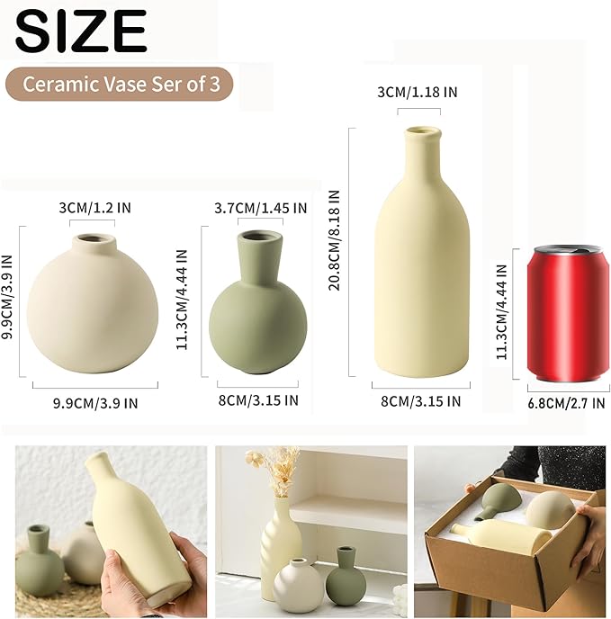 Vases Set of 3, Ceramic Vases Home Decor Rustic Vase Set Table Decor Vase Pottery Vases for Bouquet Pampas Grass Dried Fresh Flowers, Living Room Kitchen Bedroom Bathroom Entryway -Light Color