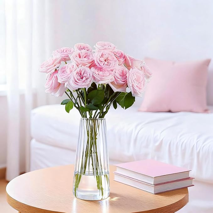 8.3in Clear Glass Vase for Flowers, Ribbed Flower Vase for Table Centerpiece Wedding Home Decor, Modern Glass Vases for Living Room, Bedroom, Dining Table, Office, Birthday Housewarming Gift (Striped)