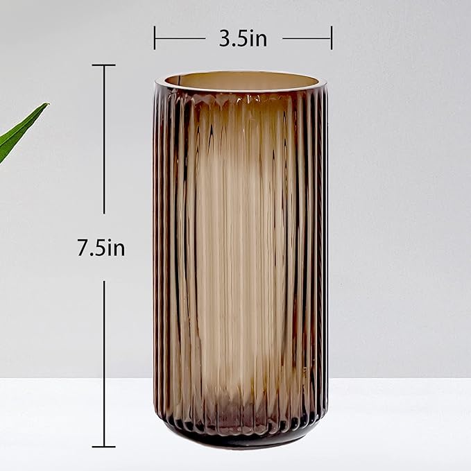 Muyan 7.5" Flower Vase for Decor Ribbed Glass Vase Modern for Centerpieces Desktop Home Office Dining Living Room Wedding (Amber)