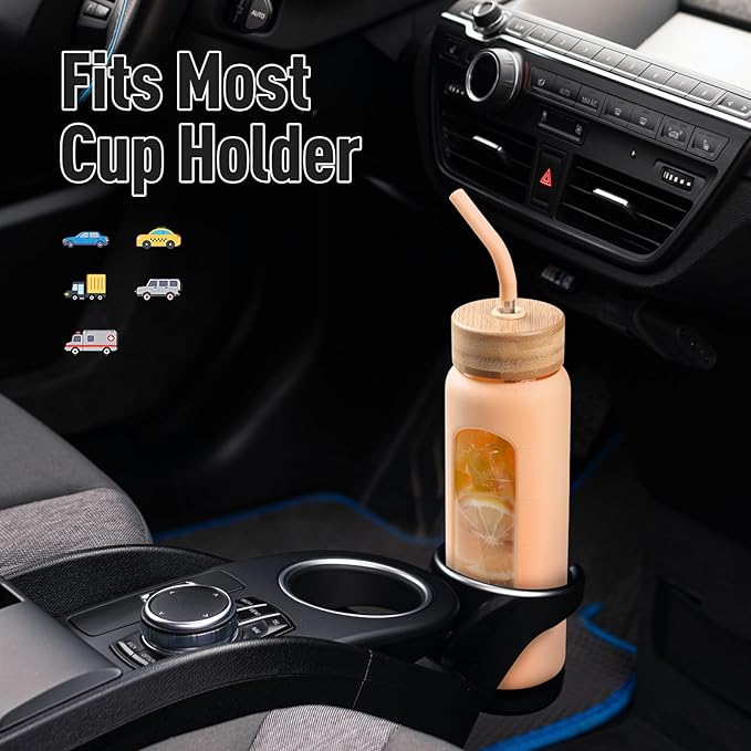 24oz Glass Water Bottle with Straw and 2 Lids-Bamboo and Spout Lid, Borosilicate Glass Water Bottle with Silicone Sleeve and Time Marker,BPA Free & Cupholder Friendly,Amber