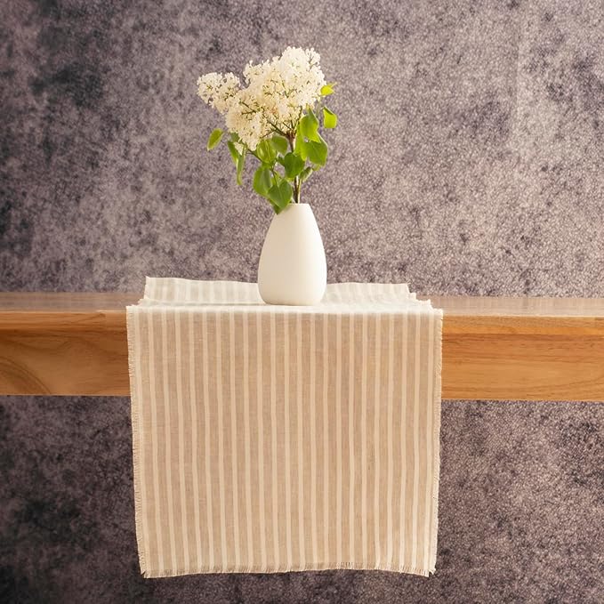 Stripe Linen Table Runner with Fringe- 14x108 Inch, 100% Pure Linen Natural and White Table Runner for Wedding, Party, Easter, Thanksgiving, Easter, Summer, Wedding- Handmade
