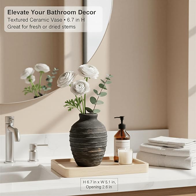 6.6-Inch Black Ceramic Flower Vase, Rustic Farmhouse Boho Pottery Decor for Table, Living Room & Shelf