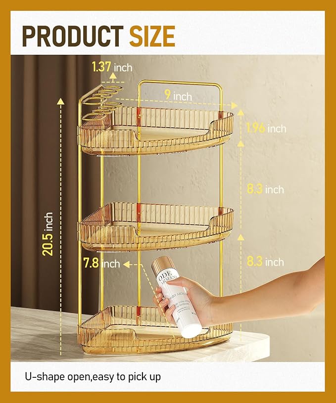 3-Tier Corner Bathroom Counter Organizer Makeup Cosmetic Storage, Tool-Free Installation Acrylic Vanity Shelf, Countertop Storage Organizers Perfume Tray for Bathroom, Dresser, Kitchen (Gold)