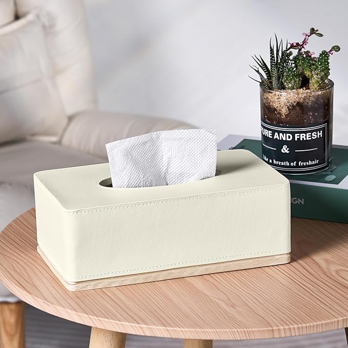 Rectangular Tissue Box Cover for Bathroom,Livingroom,Bedroom, Hand Carved Leather Resin Tissue Box Holder,10 x 5.7 x3.7 in, Beige