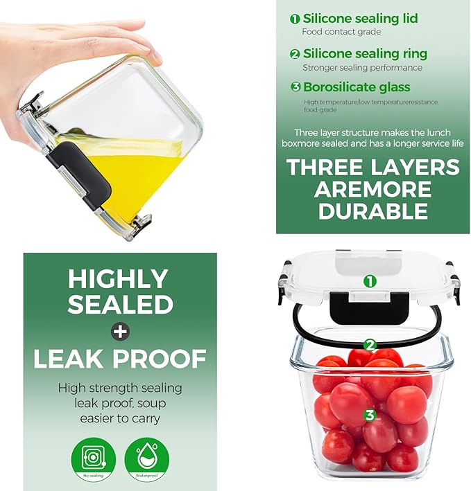 32 oz Glass Soup Containers with Lids, 4 Cup Glass Food Storage Containers with lids, Meal Prep Containers with Lids, Microwave, Oven, Freezer and Dishwasher, BPA Free