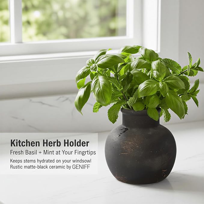 Ceramic Flower Vase, 5.5-Inch Black Pottery Rustic Farmhouse Boho Vase, Handcrafted Decorative Vase for Home Decor, Centerpieces, Table, Living Room, Mantel, Shelf