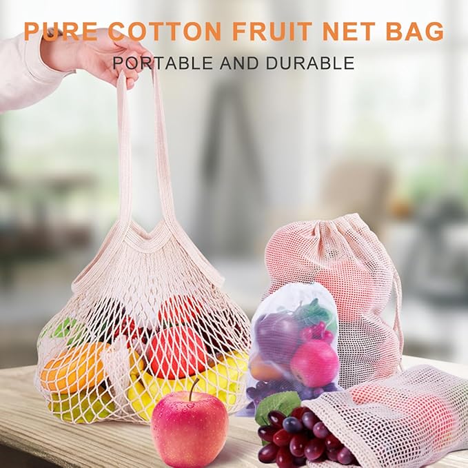 QUUPY 2Pcs Reusable Cotton Mesh Grocery Bags Long Handle Net Shopping Tote for Fruits Vegetables Produce Storage (White)