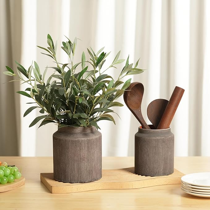 Rustic Ceramic Vase Set of 2, 5.9in Ceramic Flower Vase for Home Decor, Brown Terracotta Pottery Vase Decorative for Living Room, Coffee Table, Farmhouse, Fixwal