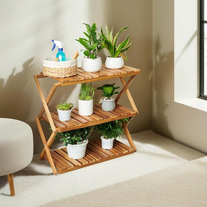 BEEFURNI Acacia Plant Stand Indoor, Wooden Outdoor Planter Stand, 3 Tier Succulent Shelf, Easy Assembly, Patio Balcony Sunroom Decor, Flower Garden Shelf, 1-year Manufacturer Warranty (Natural Wood)