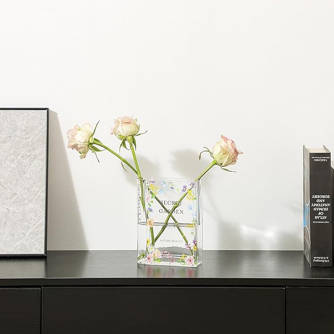 Glass Book Vase, Clear Book Vase for Flowers, Large Glass Vases, Modern Book Shaped Vases for Bedroom, Living Room, Office, Coffee Table, Bookshelf(Garden)