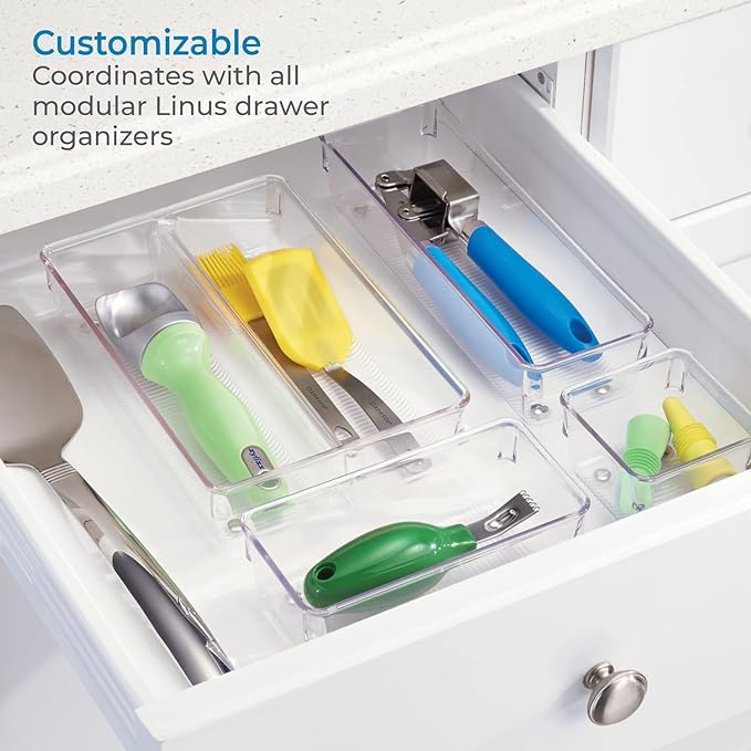 iDesign Linus Plastic Kitchen Drawer Organizer for Silverware, Spatulas, Cutlery, Gadgets, Office Supplies, Cosmetics, 4" x 8" x 3" - Clear