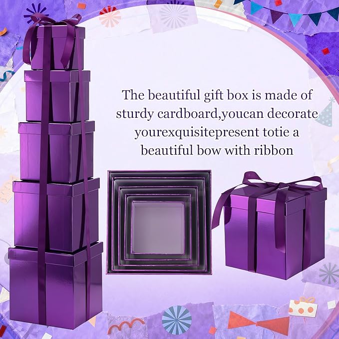 Cholemy 5 Pcs Square Nesting Boxes Decorative Gift Boxes with Lid and Ribbon Assorted Sizes Wrap for Wedding, Thanksgiving, Christmas, Anniversary, Birthday, Bridal Party(Purple)