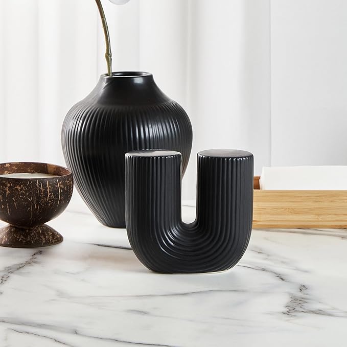 Restaurantware-Table Art Flower Vase, 1 Minimalist Vase - U-Shaped Style, for Fresh Or Artificial Flowers, Black Ceramic Vessel for Home Decor, in Kitchen, Home, Living Room, Office, and More