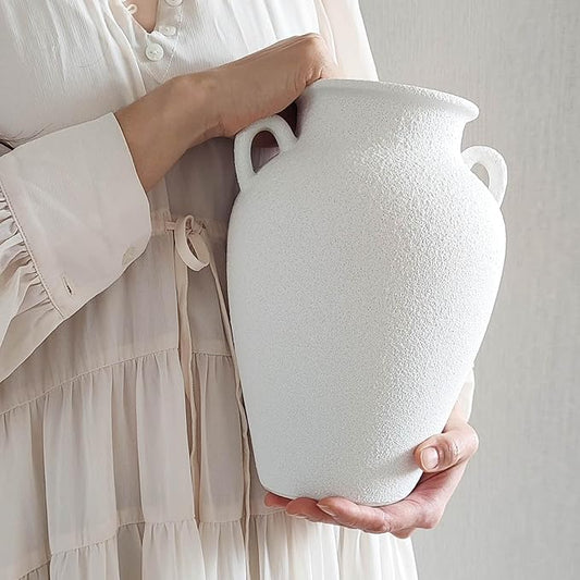 White Ceramic Pottery Barn Vase with Handles - 10" Large Decorative Terracotta Vase for Pampas Grass, Rustic Farmhouse Boho Vases for Home Decor, Living Room, Mantel, Table, Shelf