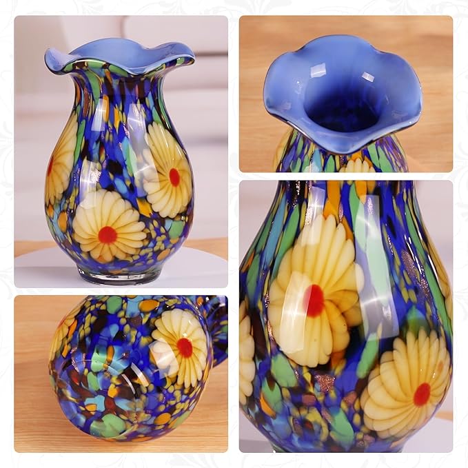 KAMMAK Colored Glass Vase, Beautiful Hand Blown Decorative Vase, Modern Art Vase for Flower Mantle Dining Table Centerpiece, Entryway Living Room Wedding Decoration, FH028
