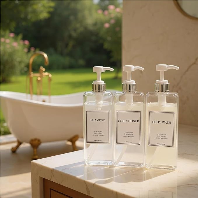 Modern Design 27 oz Shampoo and Conditioner Dispensers - Plastic Refillable Pump Bottle Set for Bathroom Shower Soap Dispenser, Gift Box Included, Set of 3 (Clear & Silver)