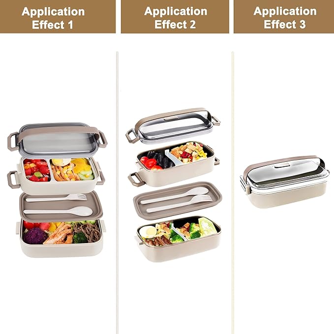 Stainless Steel Bento Box for Adults&Kids,Japanese Leakproof Lunch Box Divided Food Meal Storage Containers Set Stackable 2 Layer for Children School Picnic Beige