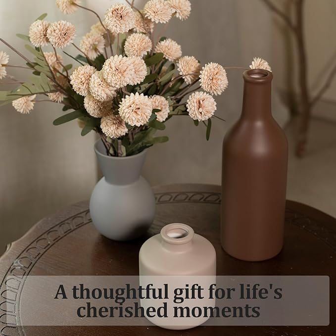 Fake Flowers in Vase for Centerpieces, Faux Flowers in Modern Ceramic Vase Set of 3 with 8 Artificial Autumn Chrysanthemums Artificial Decorative Swags