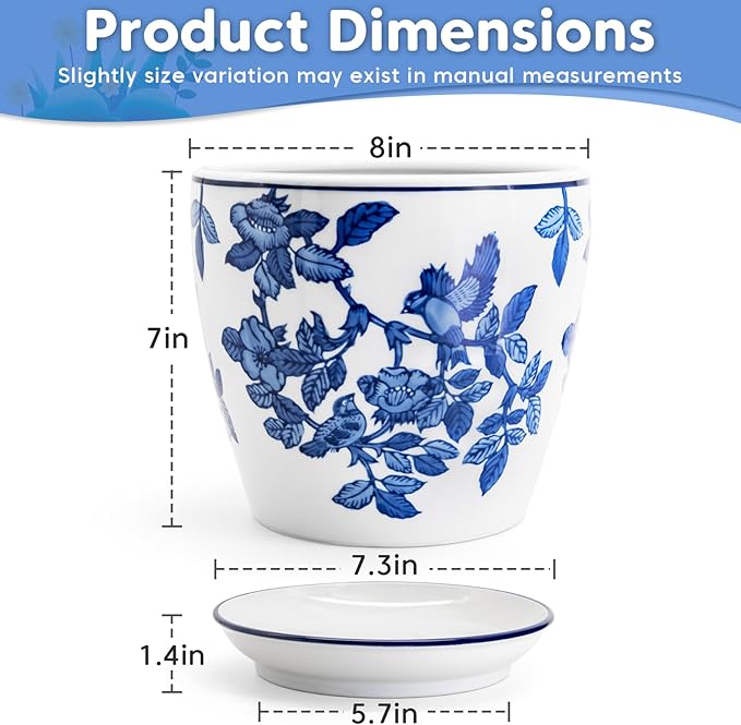 8 inch Ceramic Flower Pots, Chinoiserie Decor Ceramic Planter Plant Pots for Indoor Plants with Drainage and Saucer, Blue and White