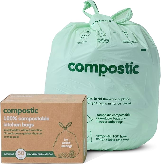 Compostic Home Compostable Trash Bags, 13 Gallon Tall Kitchen Rubbish Bags (23” x 29”), Extra Strong & Quickly Breaks Down, 50 Count