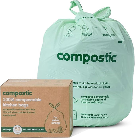 Compostic Home Compostable Trash Bags, 13 Gallon Tall Kitchen Rubbish Bags (23” x 29”), Extra Strong & Quickly Breaks Down, 50 Count