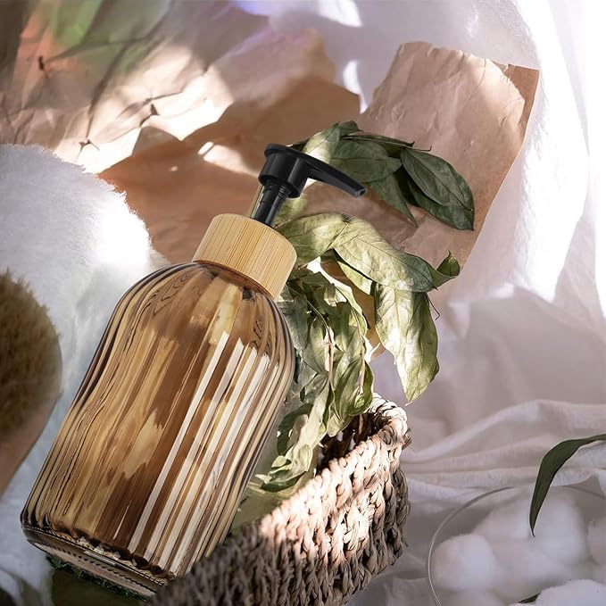 Amber Glass Soap Dispenser with Pump, 2 Pack 13.5oz Vertical Stripe Design Hand Soap Dispenser for Hand Wash, Dish Wash, Elegant Dispenser for Bathroom and Kitchen