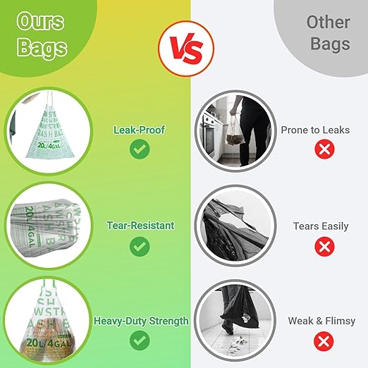 OKKEAI 4 Gallon Heavy Duty Drawstring Trash Bags, Green Printed Unscented Small Garbage Liners for Kitchen & Bathroom – 90 Count Leak-Proof