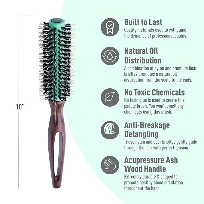 MINT Eco-Friendly Boar Bristle Round Brush for Blow Drying | Durable Blowout Styling for All Hair Types | Ceramic Round Brush with Hand-Crafted Wooden Handle (20 mm)