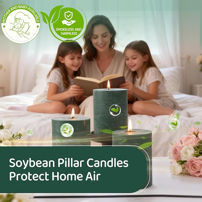 6 Pack Soy Green Pillar Candles,Natural Soybean Pillar Candles,55 H Long Burning,Unscented,Dripless and Smokeless Green Hand-poured Candles Dinner Table for Christmas,Wedding,Rustic Home Decor 2.8x4in