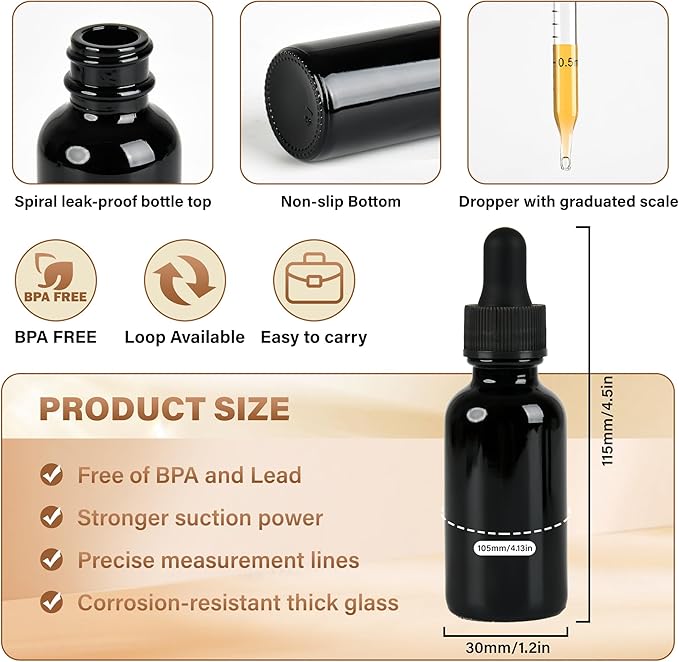 6 Pcs, 2oz Dropper Bottle, Black Glass Eye Dropper Bottle, Tincture Bottles with Dropper, Leak-Proof Design, Stronger Suction, for All Kinds of Mixed Liquids