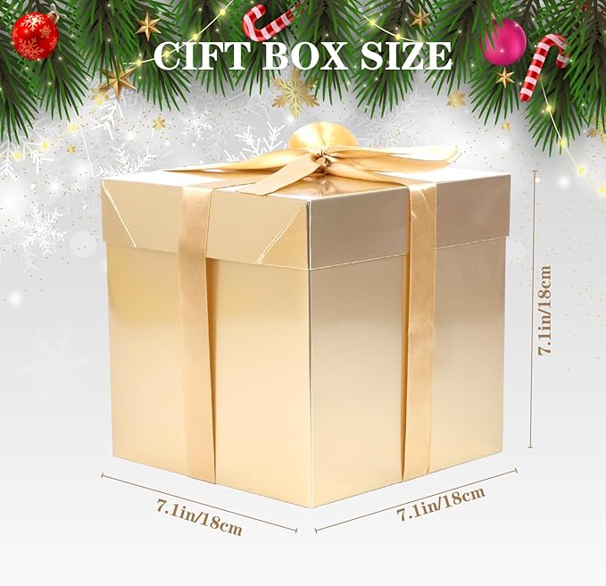 Jaywayang 5 Pack Gold Gift Boxes with Lids, Ribbons and Tissue Papers Square Gift Boxes - 7.1 Inch - Christmas Presents Wrapping Hanukkah Decoration Party Favor Boxes.