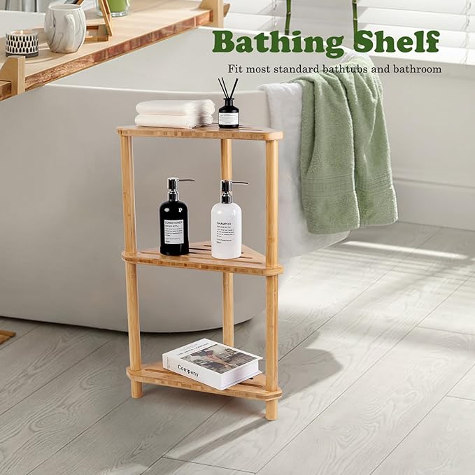 Bamboo Corner Shower Caddy Stand 3-Tier Waterproof,Free Standing Corner Shelf Shower Stool Organizer for Inside Shower,Space-Saving Storage Shelf with Anti-Slip Feet
