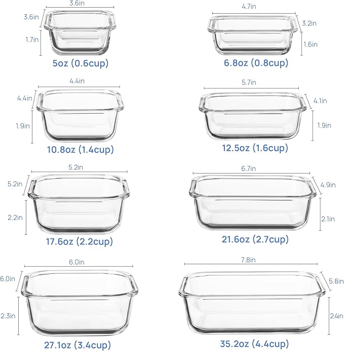 Vtopmart 8 Pack Glass Food Storage Containers with Airtight Lids, Glass Meal Prep Containers, Lunch Office Meal for Microwave, Oven, Freezer and Dishwasher, BPA Free